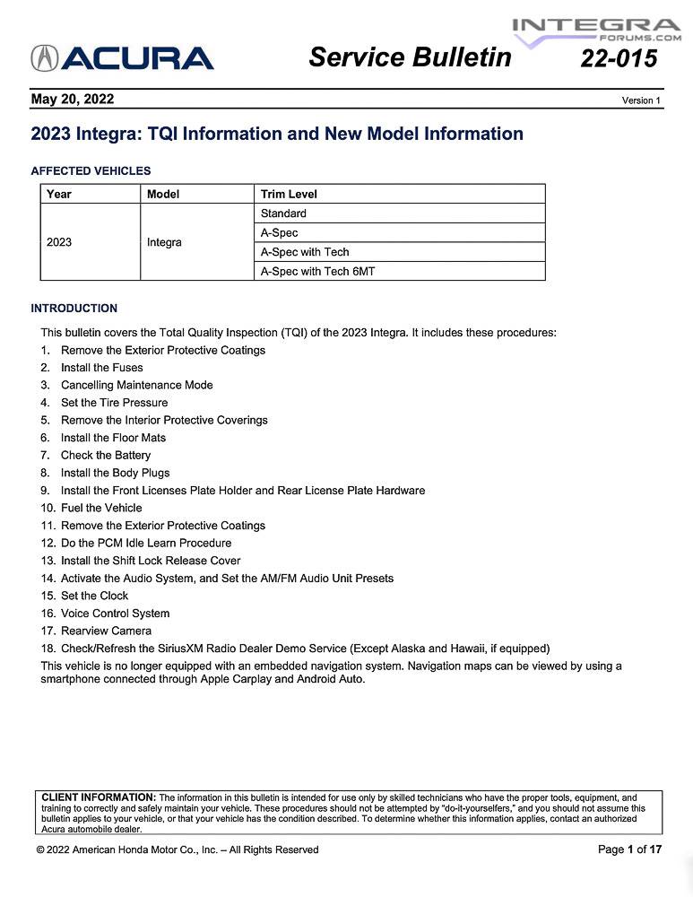 Acura Integra 2023 Integra Total Quality Inspection (TQI) & New Model Service Bulletin 2023-acura-integra-service-bulletin-total-quality-inspection-check-1