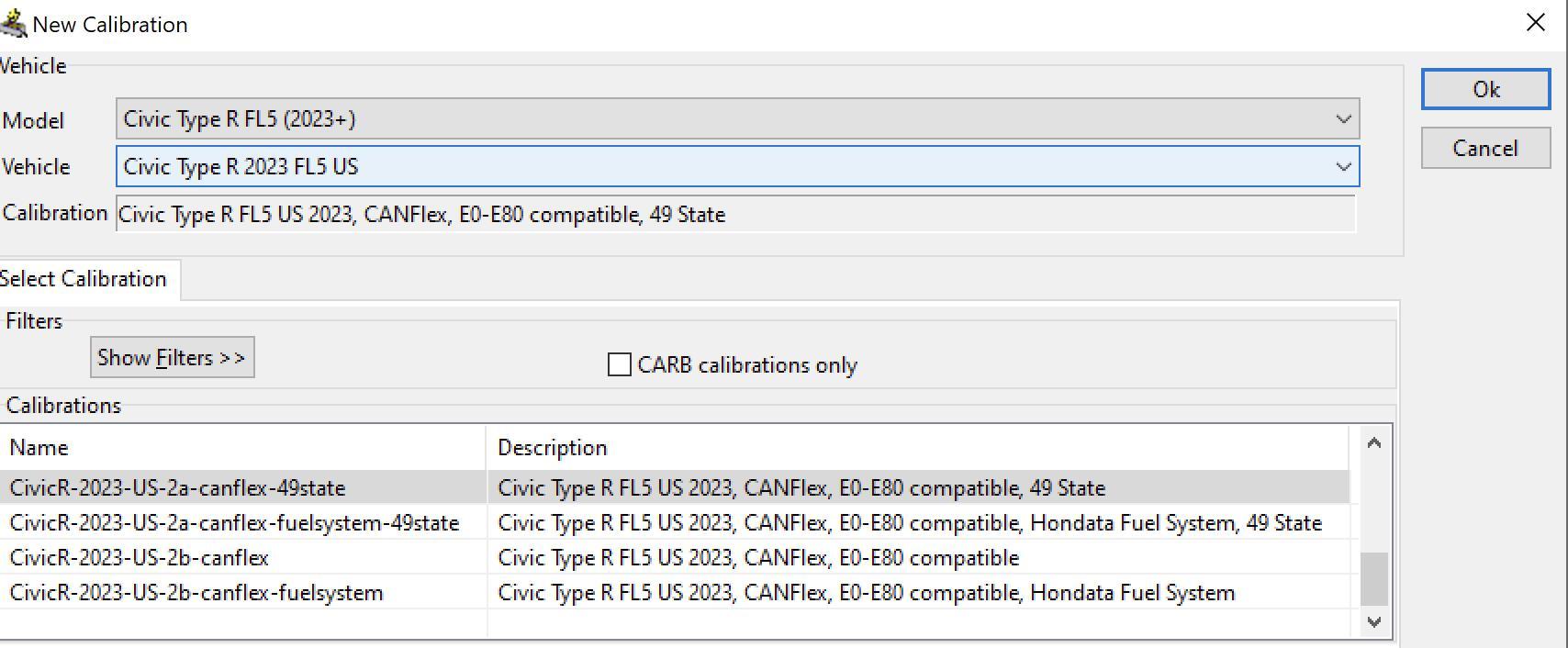 Acura Integra CANFlex What is flex fuel 49 state calibration select screenshot