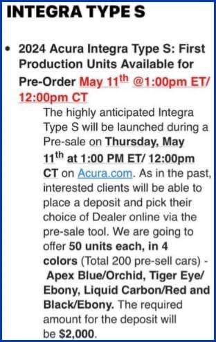 Acura Integra $500 deposit to reserve Integra Type S on Acura.com starting May 74A2283C-D09D-46E1-8086-2D7B50A05DF4