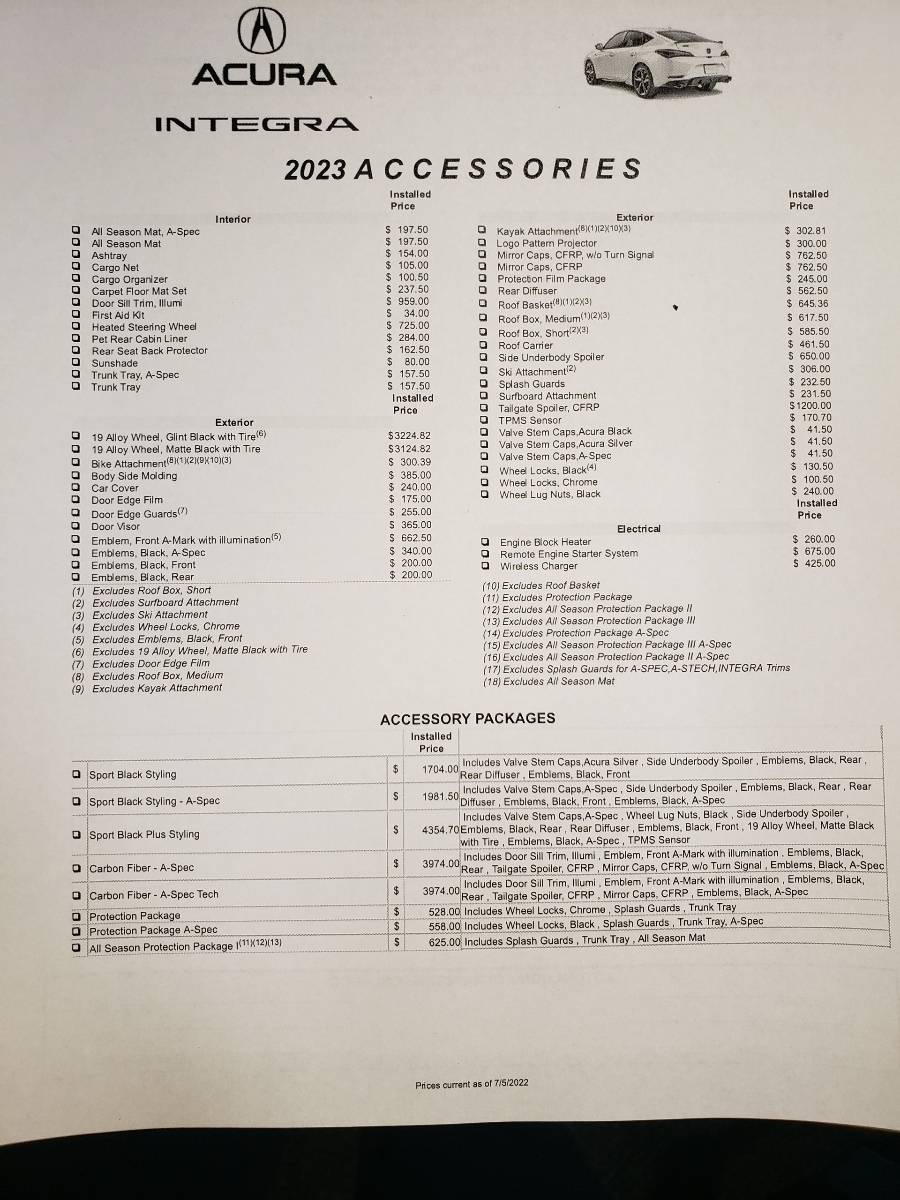 Acura Integra 2023 Integra Accessories & Packages + Prices Accessories Page 1