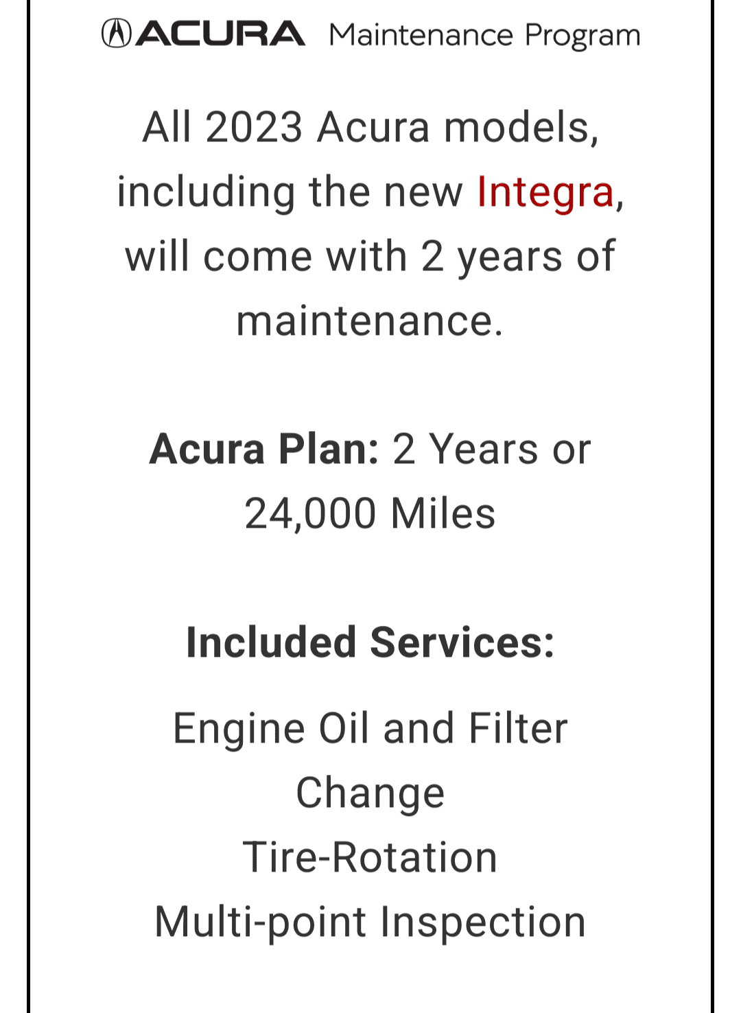 Acura Integra 2 Years Free Maintenance Screenshot_20231117-090251