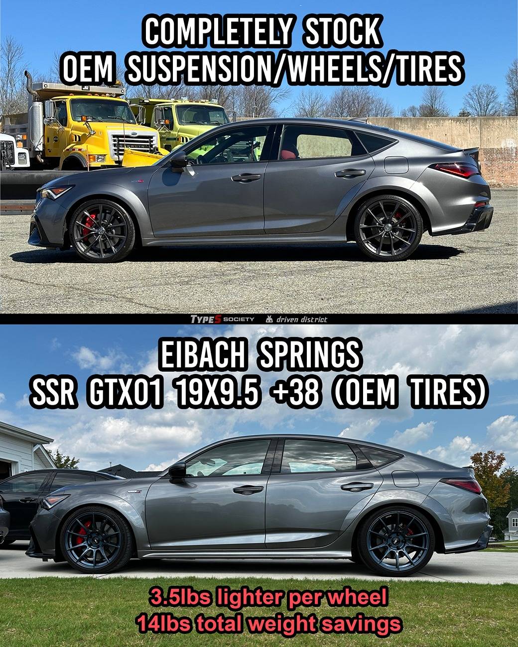 Acura Integra Eibach Springs and SSR GTX01 Wheels vs Stock (14lbs Weight Savings) on 2024 Integra Type S stock-vs-modified-integra-typep-s_1_1