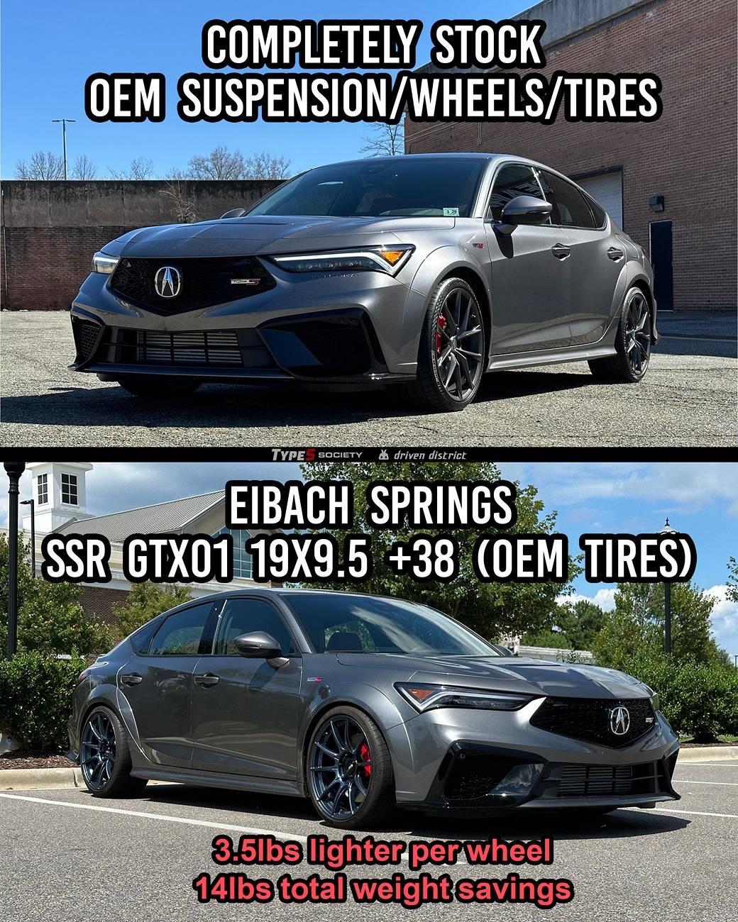 Acura Integra Eibach Springs and SSR GTX01 Wheels vs Stock (14lbs Weight Savings) on 2024 Integra Type S stock-vs-modified-integra-typep-s_2_2